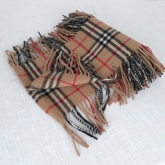 Plaid scarf with fringes. Red, black and white on tan preppy - Picture 4 of 6